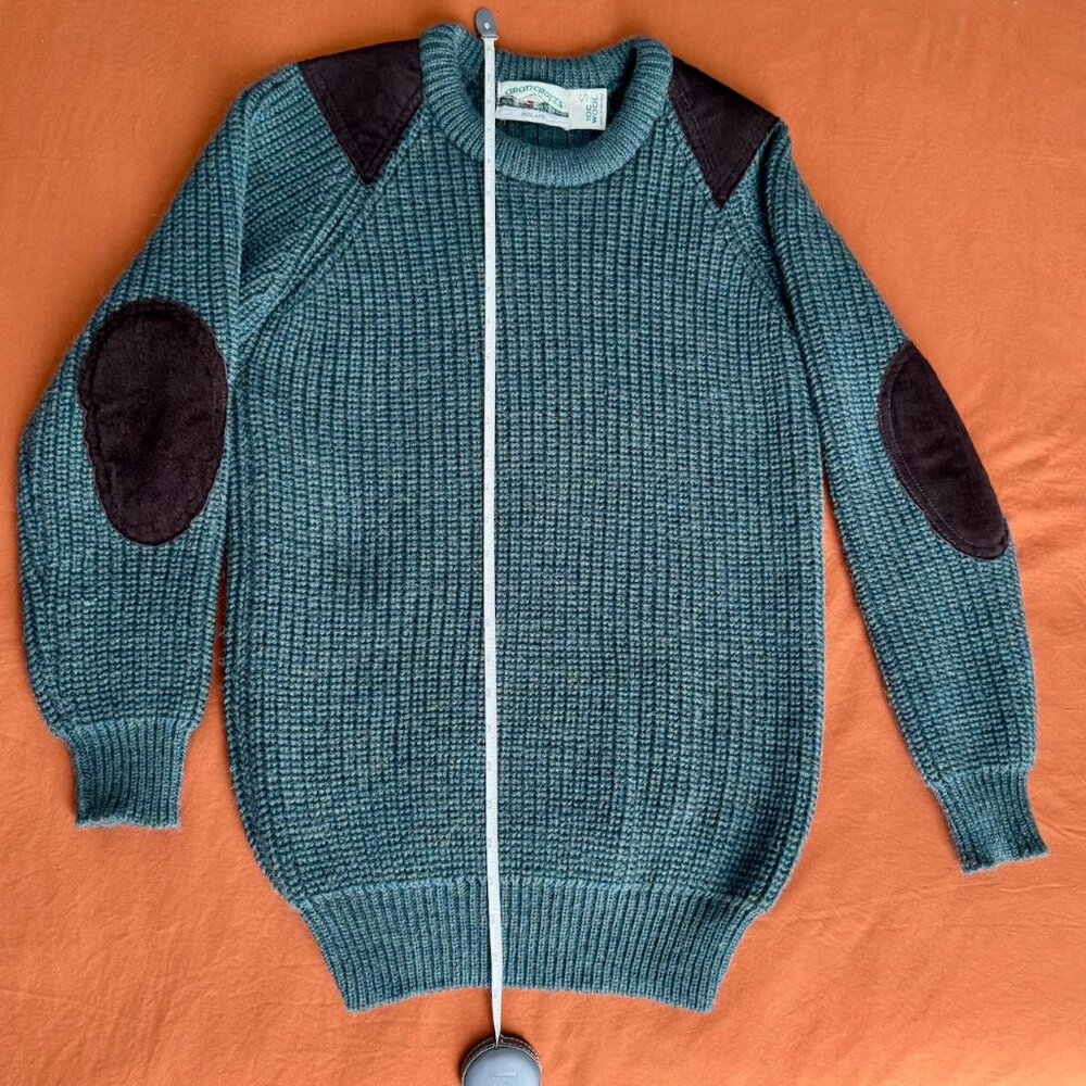 Vintage Aran Crafts Irish Fishermans Ribbed Sweater, 100% Wool w/ Suede Patches